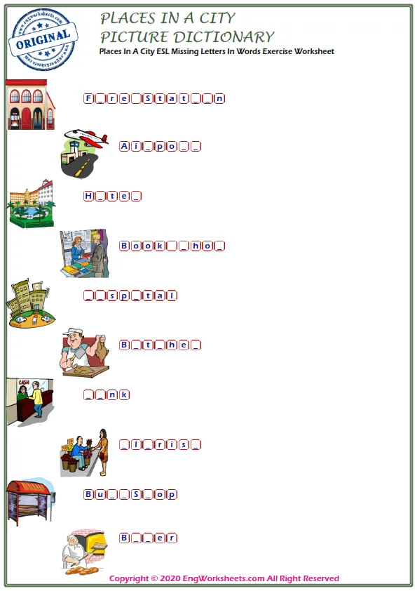 Places In A City ESL Missing Letters In Words Exercise Worksheet Worksheet Preview