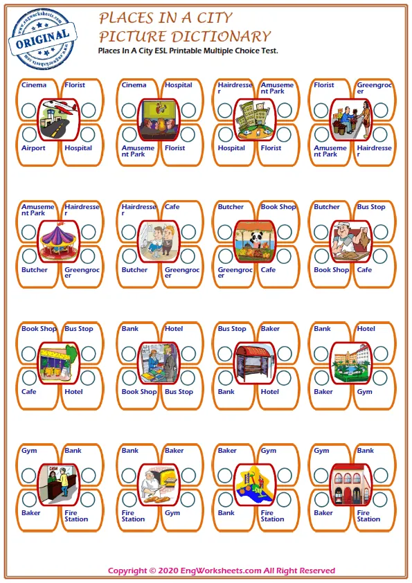 Places In A City ESL Printable Multiple Choice Test.