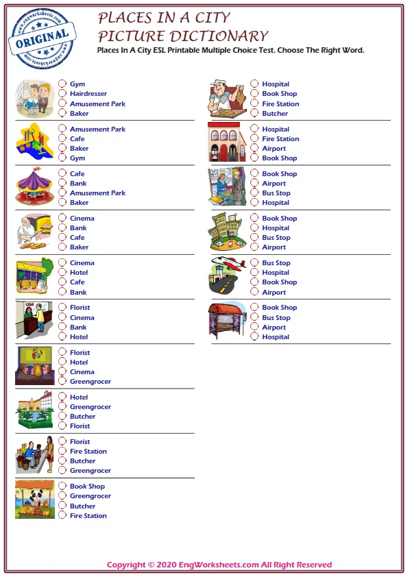 Places In A City ESL Printable Multiple Choice Test. Choose The Right Word.