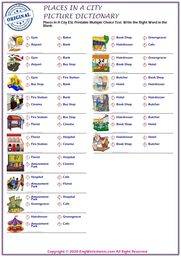 Places In A City ESL Printable Multiple Choice Test. Write the Right Word in the Blank.