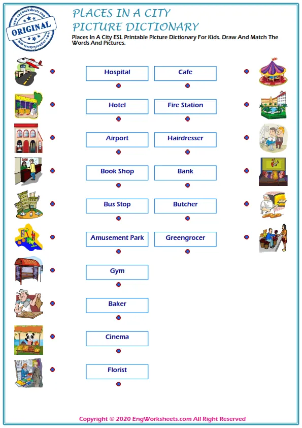 Places In A City ESL Printable Picture Dictionary For Kids. Draw And Match The Words And Pictures.