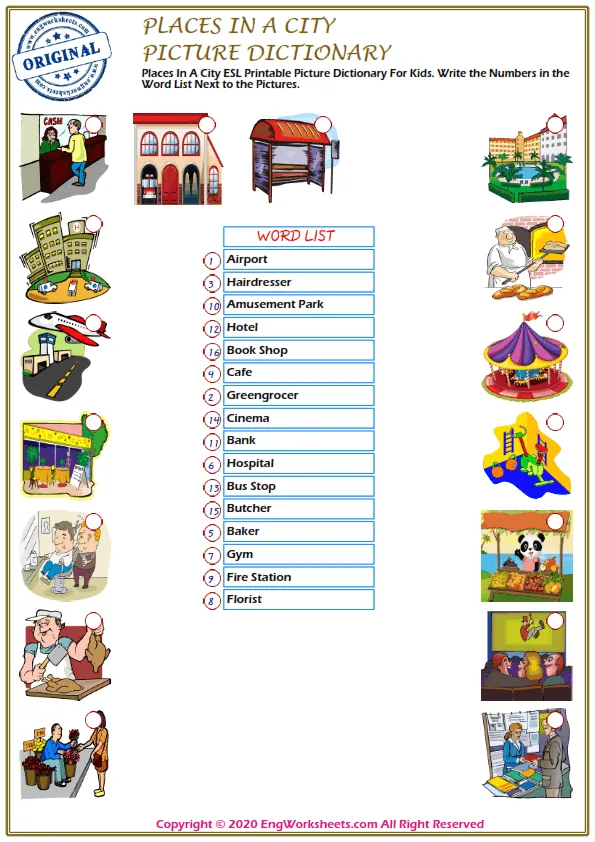 Places In A City ESL Printable Picture Dictionary For Kids. Write the Numbers in the Word List Next to the Pictures. Worksheet Preview