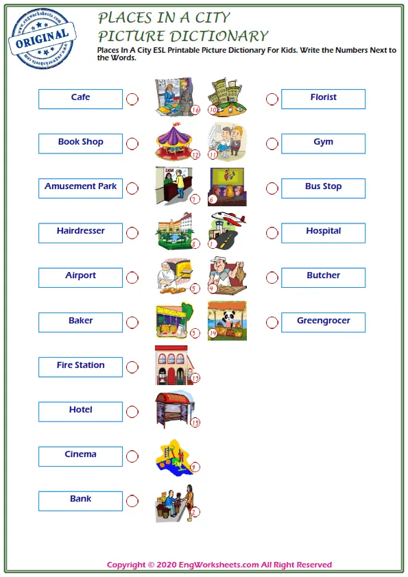 Places In A City ESL Printable Picture Dictionary For Kids. Write the Numbers Next to the Words.