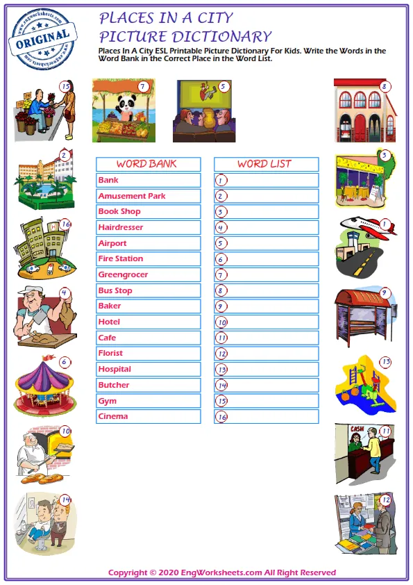 Places In A City ESL Printable Picture Dictionary For Kids. Write the Words in the Word Bank in the Correct Place in the Word List.