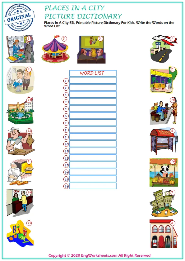 Places In A City ESL Printable Picture Dictionary For Kids. Write the Words on the Word List. Worksheet Preview