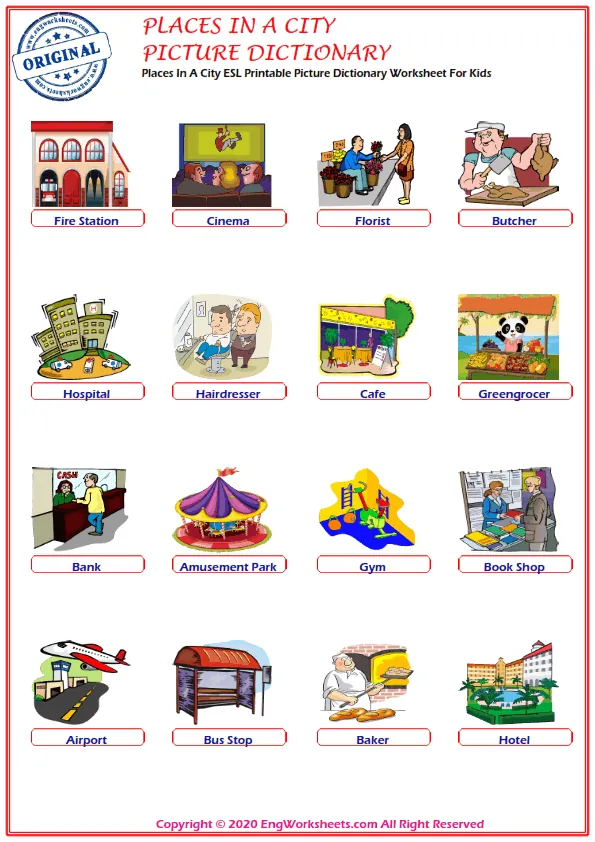 Places In A City ESL Printable Picture Dictionary Worksheet For Kids