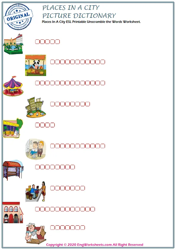 Places In A City ESL Printable Unscramble the Words Worksheet. Worksheet Preview