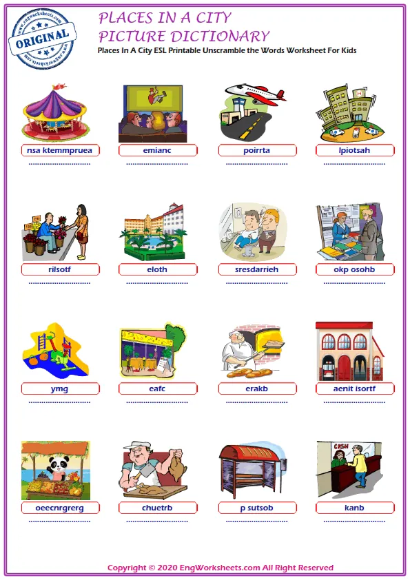 Places In A City ESL Printable Unscramble the Words Worksheet For Kids