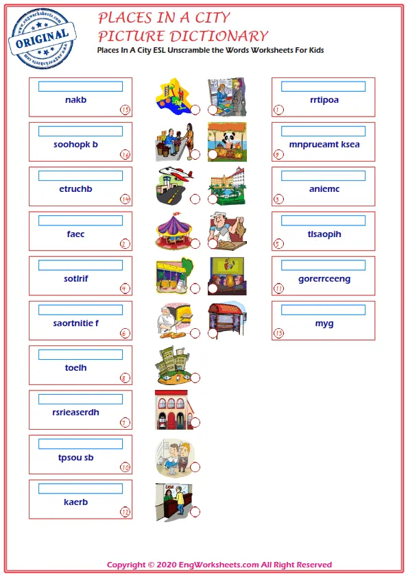 Places In A City ESL Unscramble the Words Worksheets For Kids Worksheet Preview
