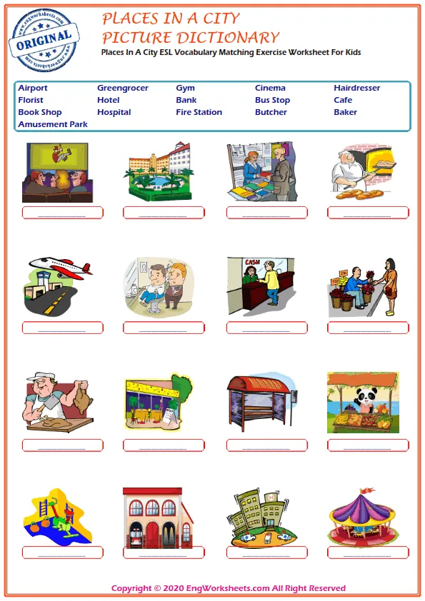 Places In A City ESL Vocabulary Matching Exercise Worksheet For Kids