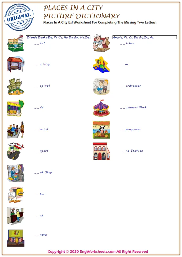Places In A City Esl Worksheet For Completing The Missing Two Letters.
