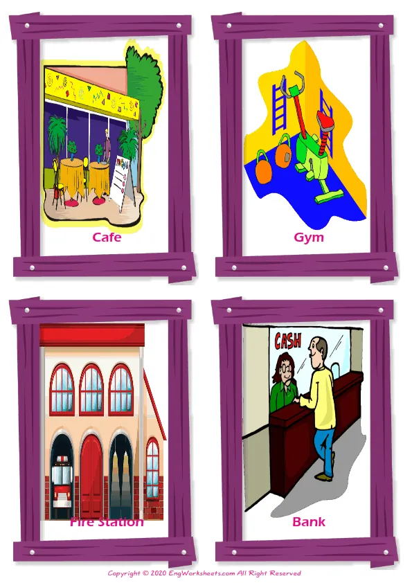 Places In A City vocabulary worksheet with words, four images per page