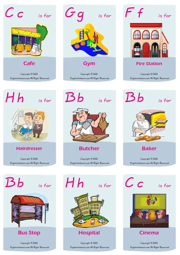 Places In A City vocabulary worksheet with words, nine images per page