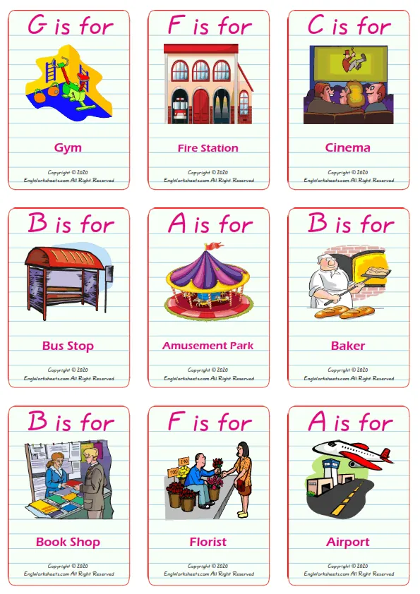 Places In A City vocabulary worksheet with words, nine images per page