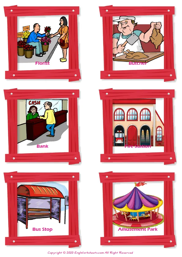 Places In A City vocabulary worksheet with words, six images per page
