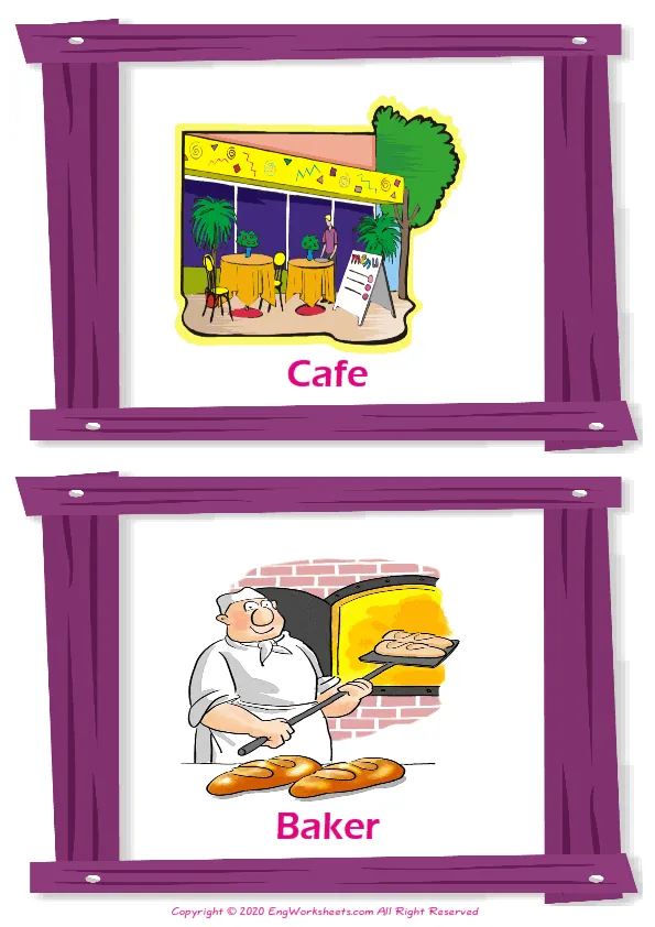 Places In A City vocabulary worksheet with words, two images per page Worksheet Preview