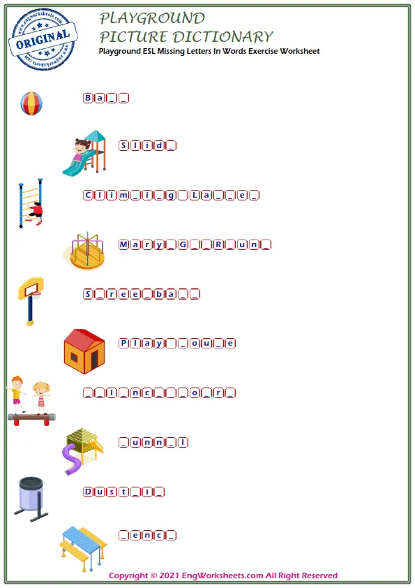 Playground ESL Missing Letters In Words Exercise Worksheet Worksheet Preview
