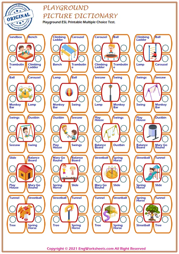 Playground ESL Printable Multiple Choice Test. Worksheet Preview