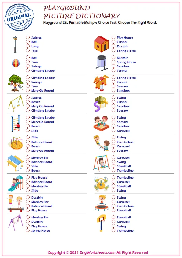 Playground ESL Printable Multiple Choice Test. Choose The Right Word. Worksheet Preview