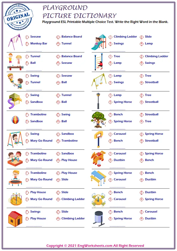 Playground ESL Printable Multiple Choice Test. Write the Right Word in the Blank. Worksheet Preview