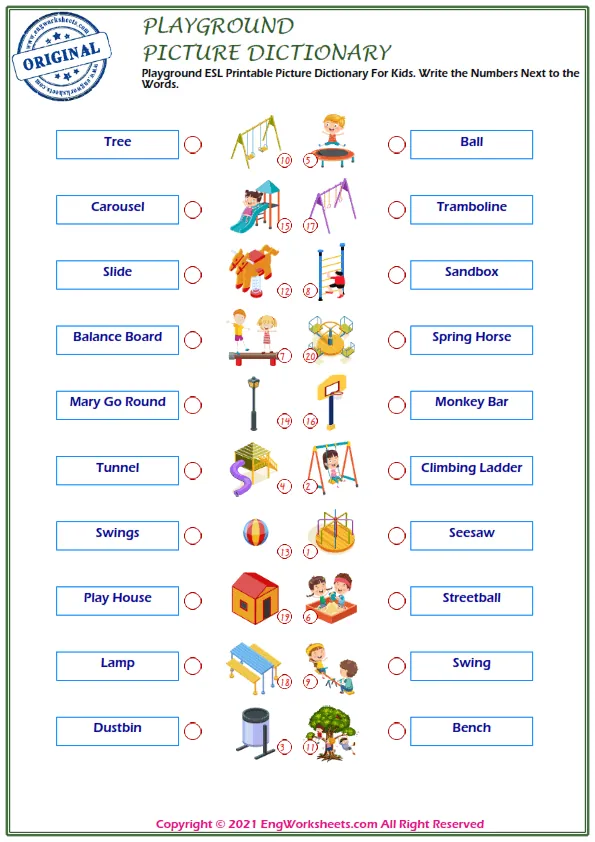 Playground ESL Printable Picture Dictionary For Kids. Write the Numbers Next to the Words. Worksheet Preview