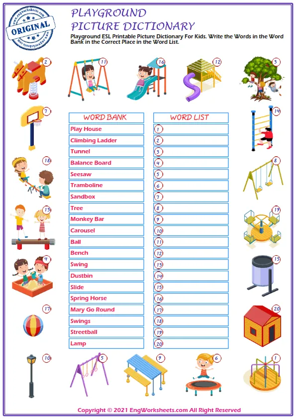 Playground ESL Printable Picture Dictionary For Kids. Write the Words in the Word Bank in the Correct Place in the Word List. Worksheet Preview
