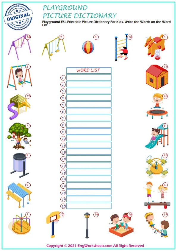 Playground ESL Printable Picture Dictionary For Kids. Write the Words on the Word List. Worksheet Preview