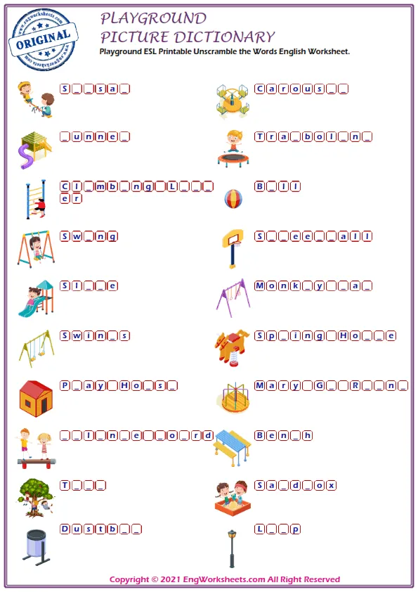 Playground ESL Printable Unscramble the Words English Worksheet. Worksheet Preview