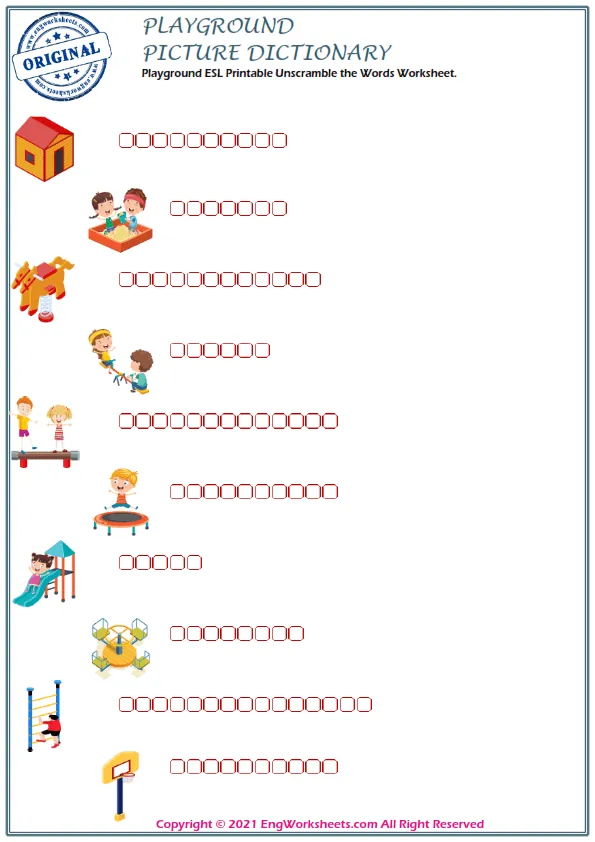 Playground ESL Printable Unscramble the Words Worksheet. Worksheet Preview