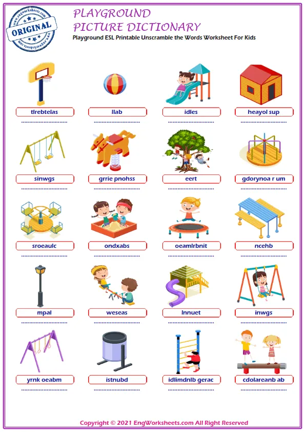Playground ESL Printable Unscramble the Words Worksheet For Kids Worksheet Preview