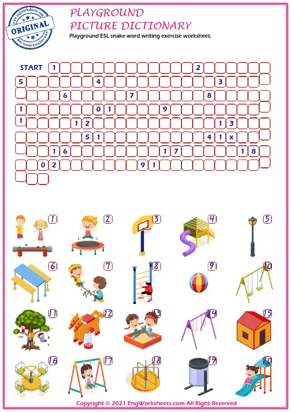 Playground ESL snake word writing exercise worksheet. Worksheet Preview