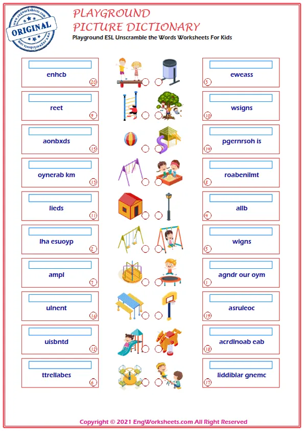 Playground ESL Unscramble the Words Worksheets For Kids Worksheet Preview