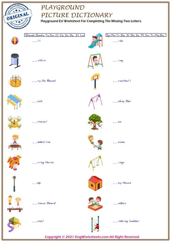 Playground Esl Worksheet For Completing The Missing Two Letters. Worksheet Preview