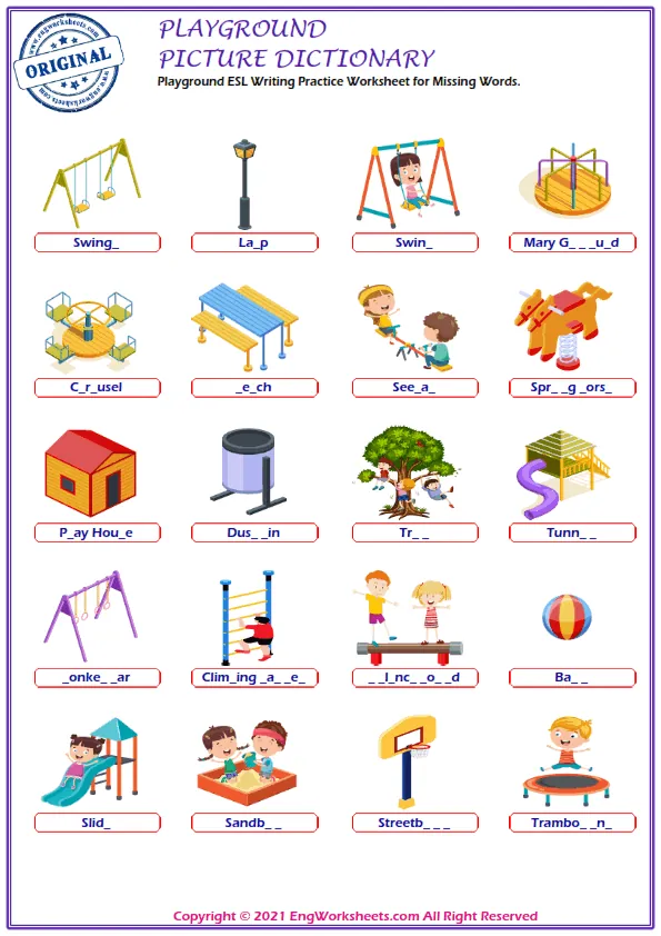 Playground ESL Writing Practice Worksheet for Missing Words. Worksheet Preview