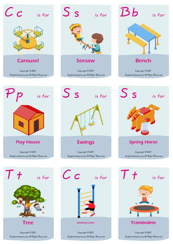 Playground vocabulary worksheet with words, nine images per page Worksheet Preview