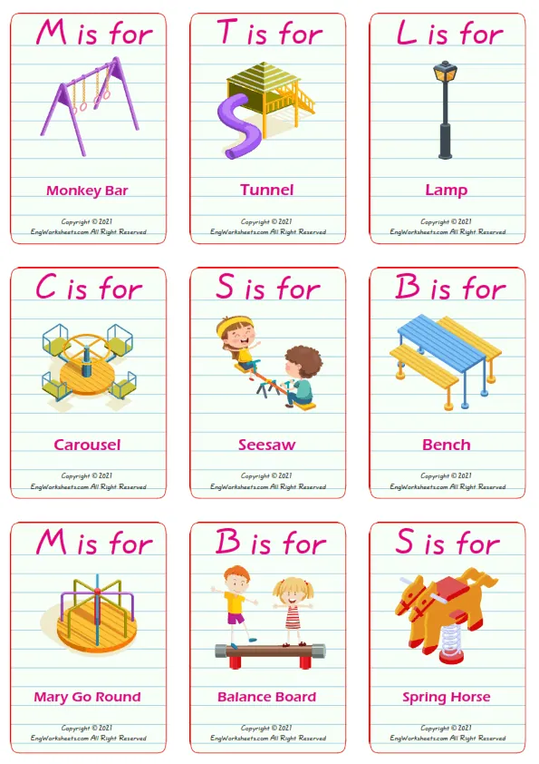 Playground vocabulary worksheet with words, nine images per page Worksheet Preview
