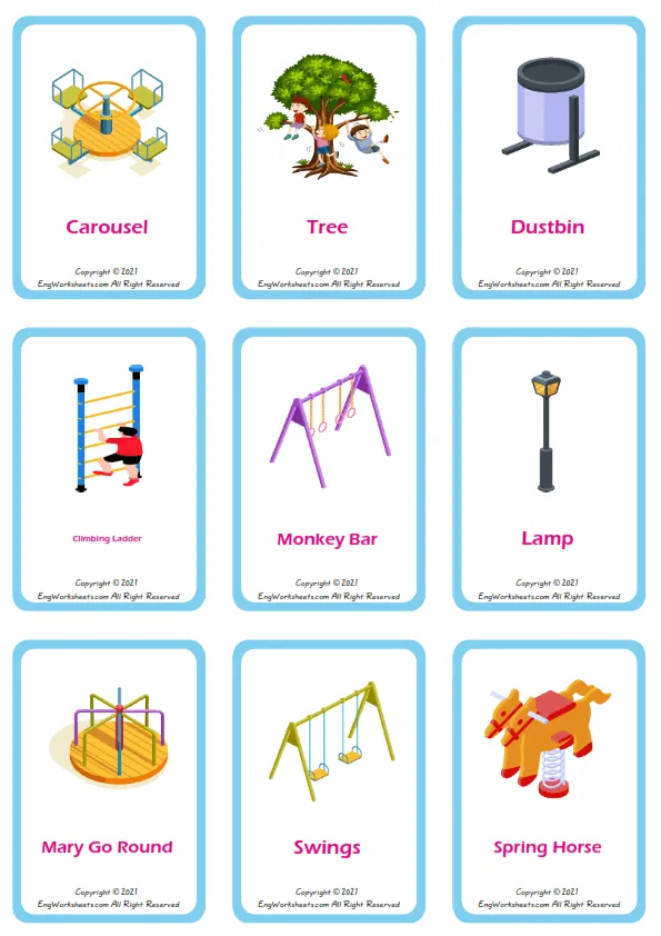 Playground vocabulary worksheet with words, nine images per page Worksheet Preview