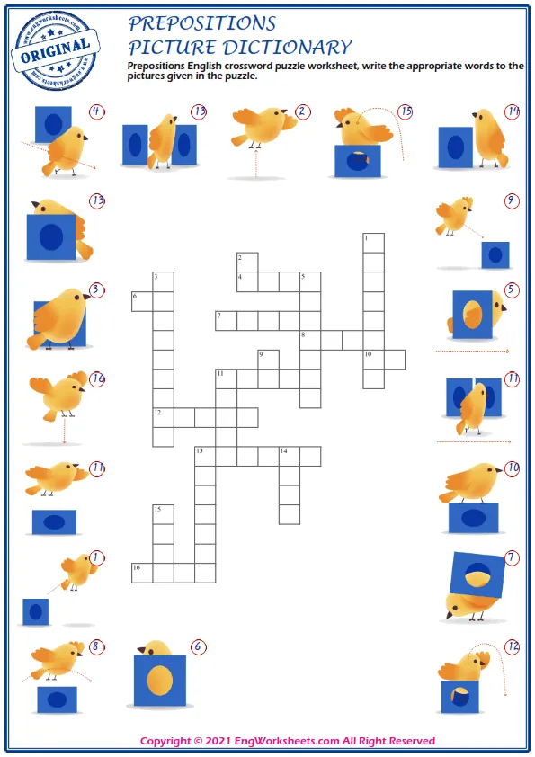 Prepositions English crossword puzzle worksheet, write the appropriate words to the pictures given in the puzzle. Worksheet Preview