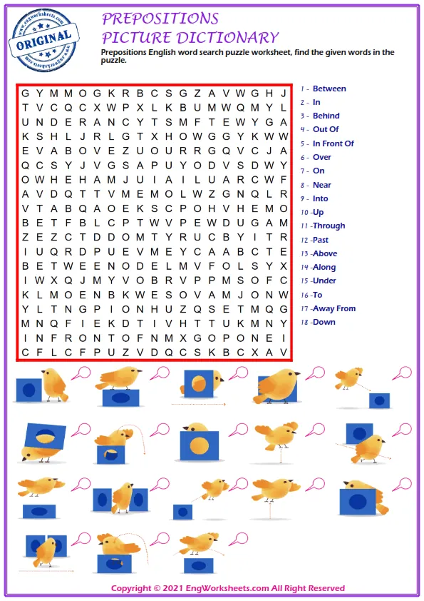 Prepositions English word search puzzle worksheet, find the given words in the puzzle. Worksheet Preview