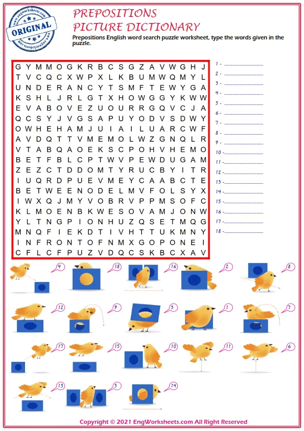 Prepositions English word search puzzle worksheet, type the words given in the puzzle. Worksheet Preview