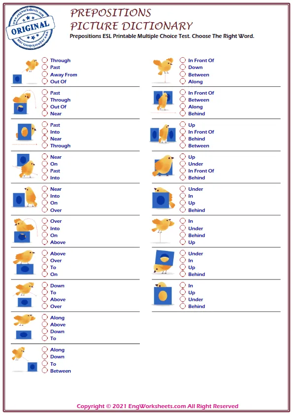 Prepositions ESL Printable Multiple Choice Test. Choose The Right Word. Worksheet Preview
