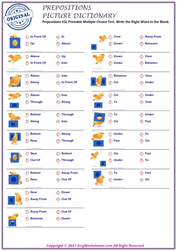 Prepositions ESL Printable Multiple Choice Test. Write the Right Word in the Blank. Worksheet Preview