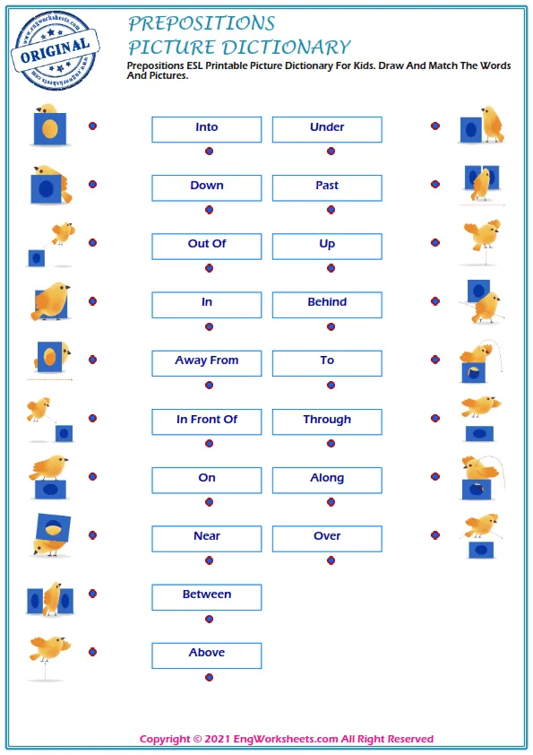 Prepositions ESL Printable Picture Dictionary For Kids. Draw And Match The Words And Pictures. Worksheet Preview