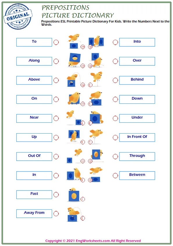 Prepositions ESL Printable Picture Dictionary For Kids. Write the Numbers Next to the Words. Worksheet Preview