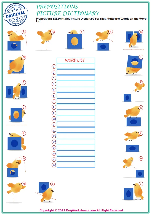 Prepositions ESL Printable Picture Dictionary For Kids. Write the Words on the Word List. Worksheet Preview