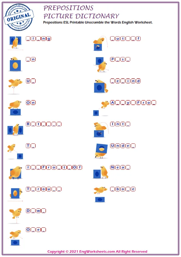 Prepositions ESL Printable Unscramble the Words English Worksheet. Worksheet Preview