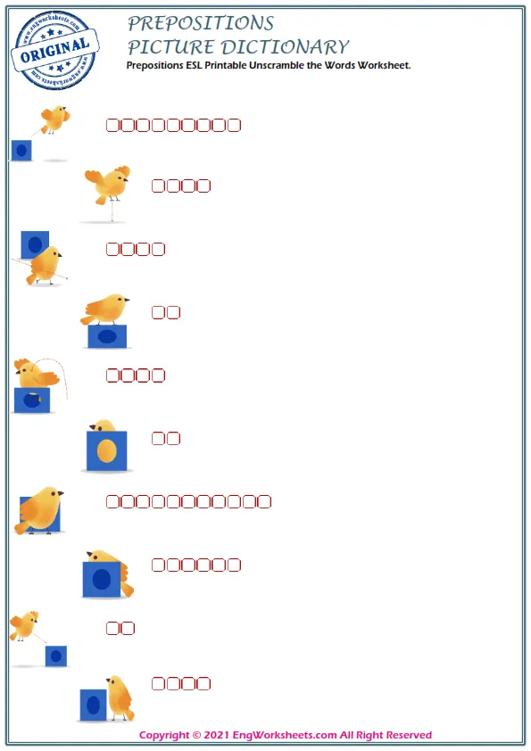 Prepositions ESL Printable Unscramble the Words Worksheet. Worksheet Preview