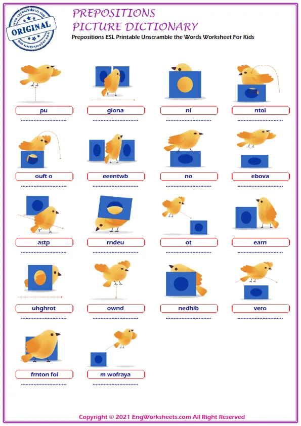 Prepositions ESL Printable Unscramble the Words Worksheet For Kids Worksheet Preview