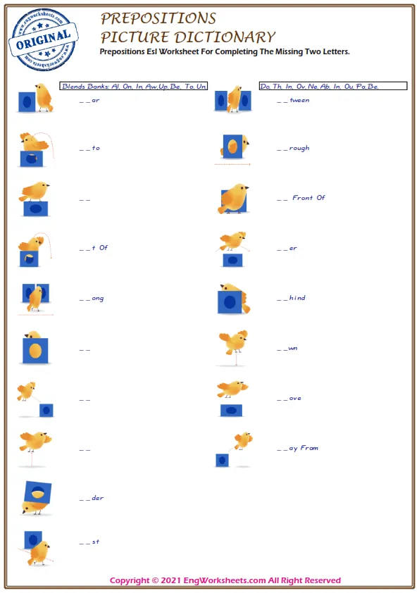 Prepositions Esl Worksheet For Completing The Missing Two Letters. Worksheet Preview