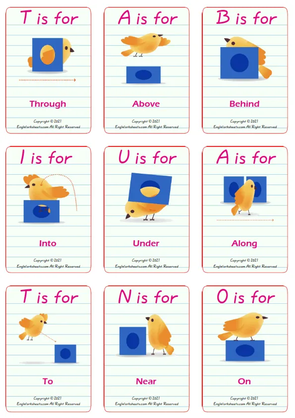 Prepositions vocabulary worksheet with words, nine images per page